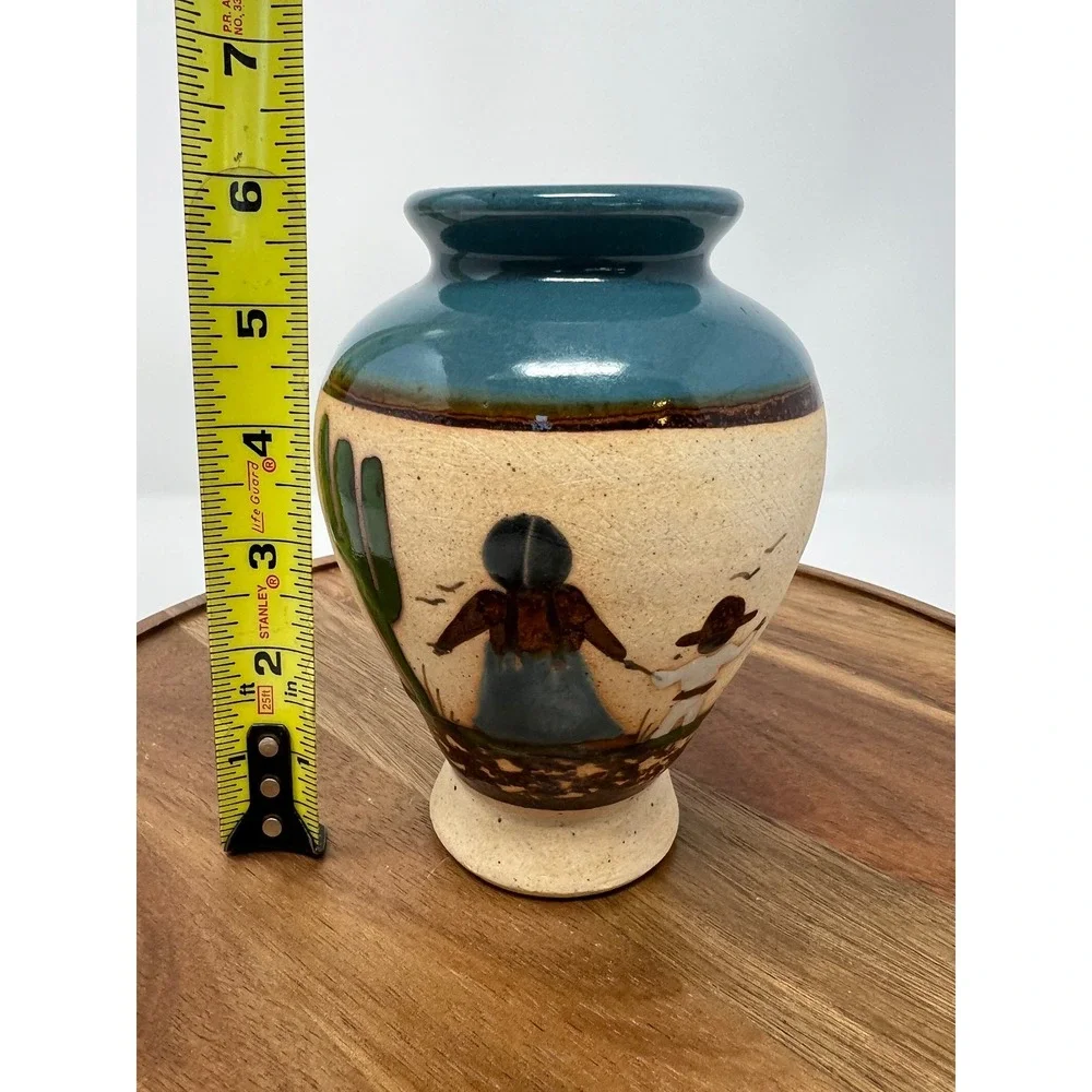 Mexican Pottery Vase Turquoise Teal Desert‎ Scene Cactus Figures '06